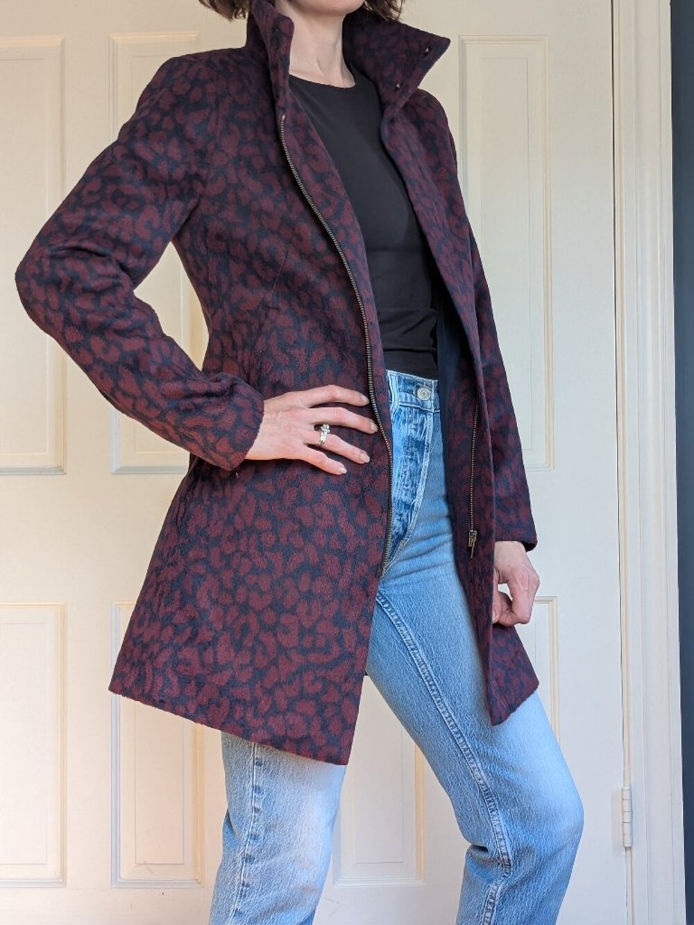 Navy & Burgundy Wool Blend Leopard Print Coat from LOFT